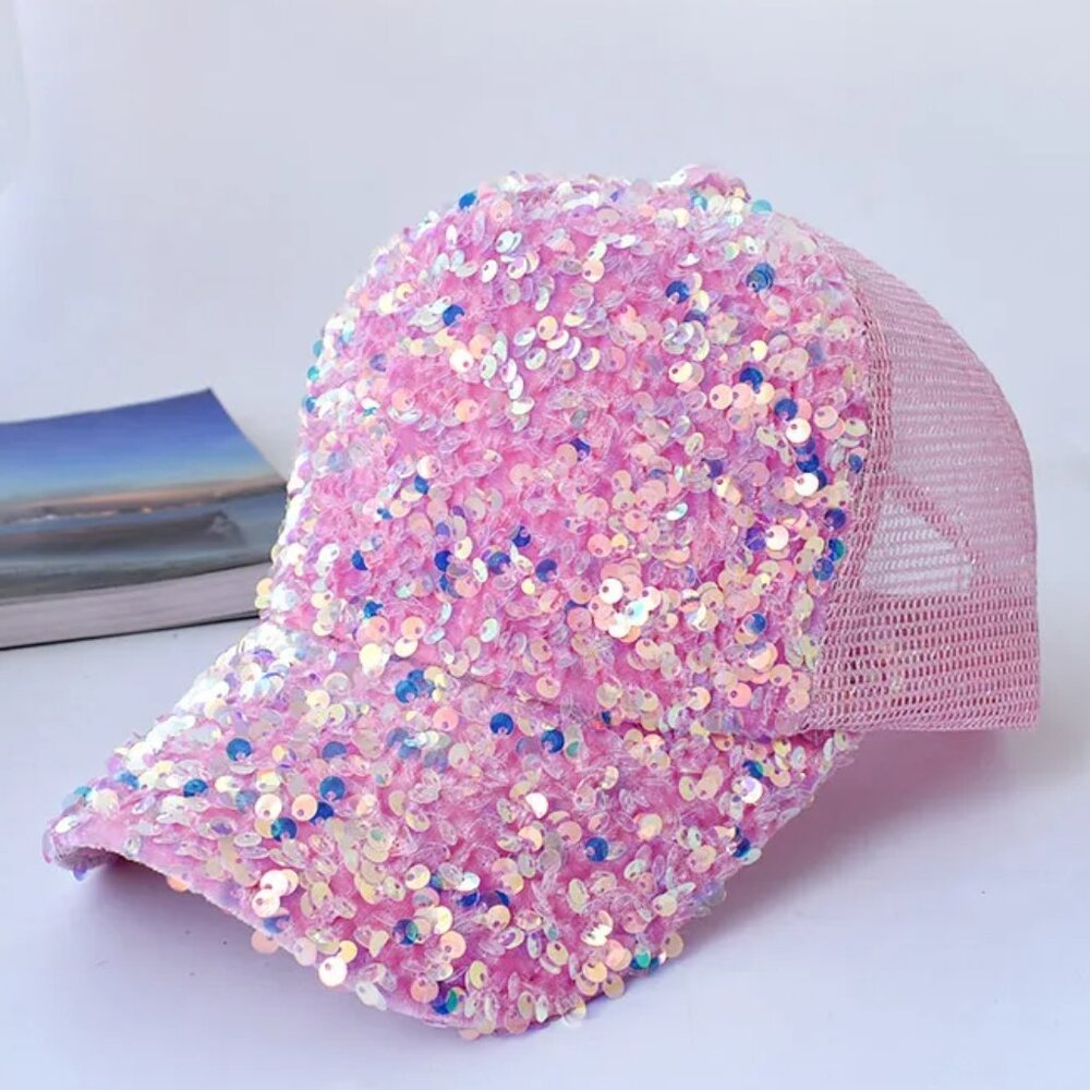 Womens Fashion Stage Style Sequin Gradient Buckle Mesh Adjustable Cap PINK